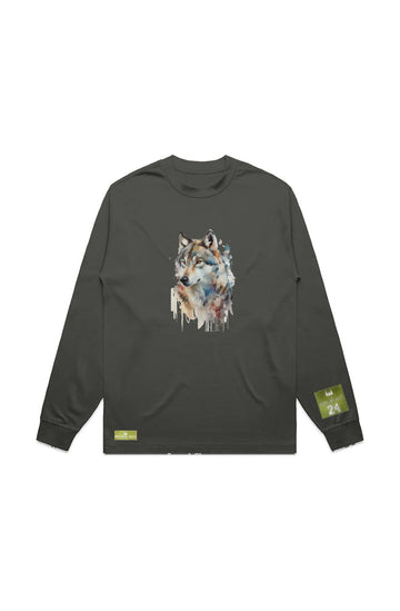 WOLFPACK UNLTD L/S GRAPHIC TEE | BLOOD ORANGE MOON | CYPRESS OLIVE GREEN